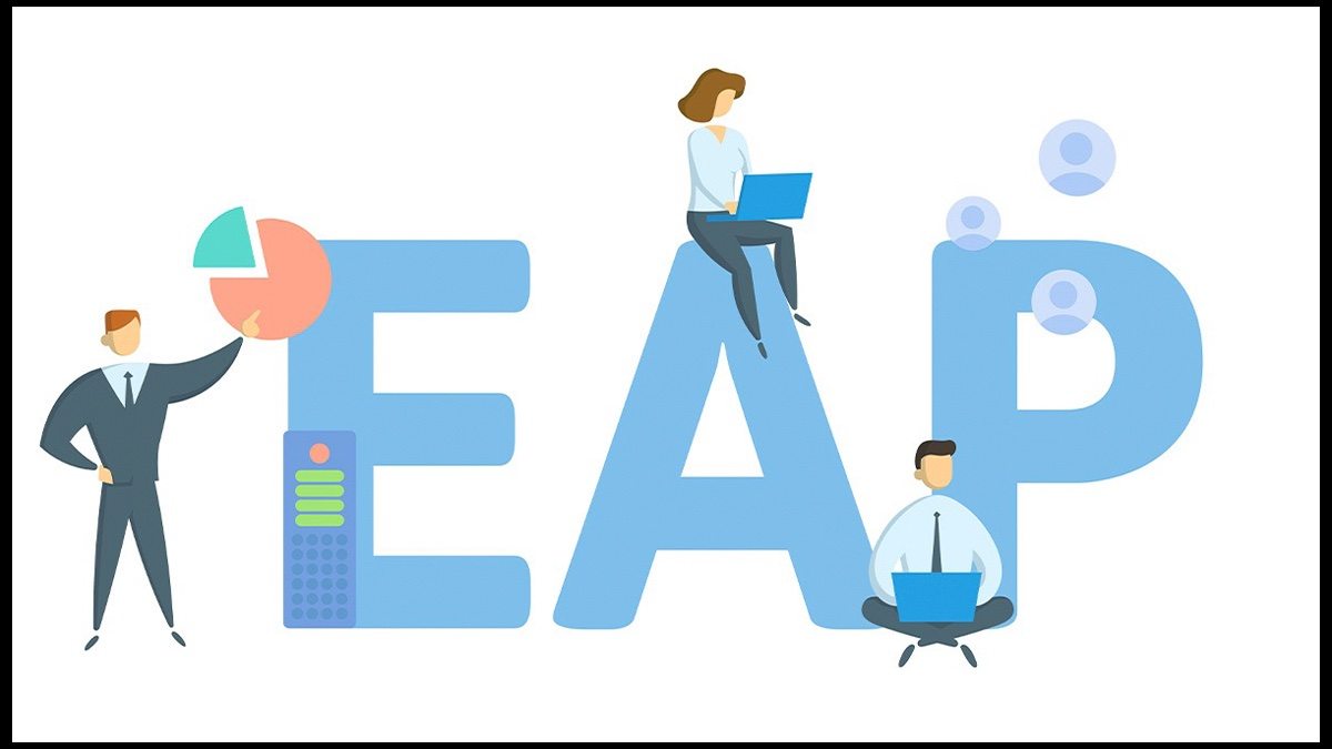 Graphic showing large letters EAP wiith three office workers and various office icons