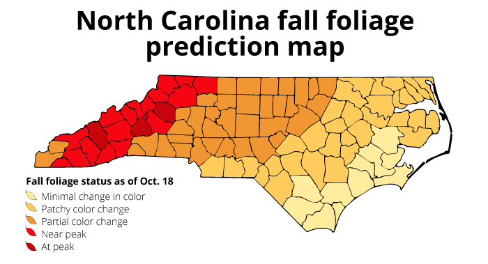 In N.C., the mountains will have peak fall foliage by mid-October, fall foliage will be partially changed by mid-October in the central part of the state and the coast will see minimal color change in mid-October.