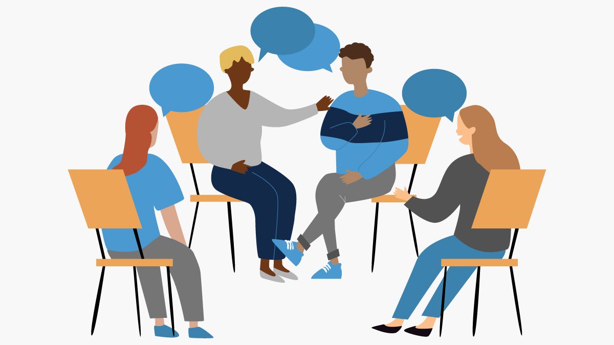 Illustration of four people in a circle of chairs with blank word bubbles above their heads suggesting conversation.