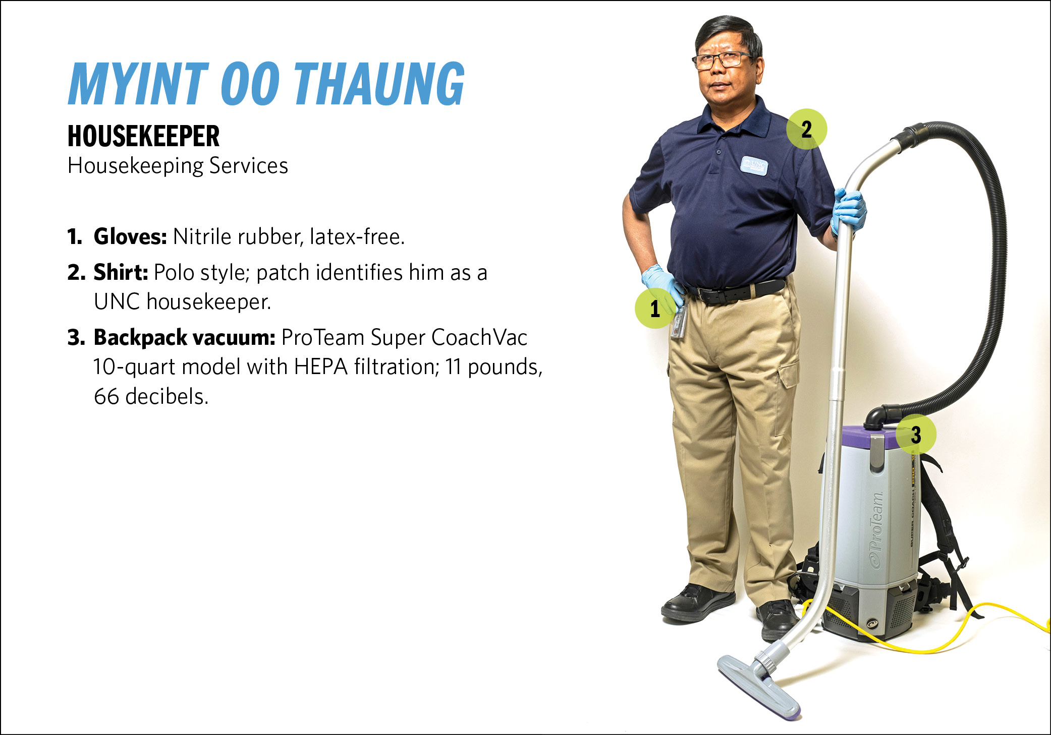 Housekeeper Myint Oo Thaung, his ProTeam Super CoachVac 10-quart backpack vacuum; nitrile, latex-free gloves; shirt and U.N.C. Housekeeper” patch.