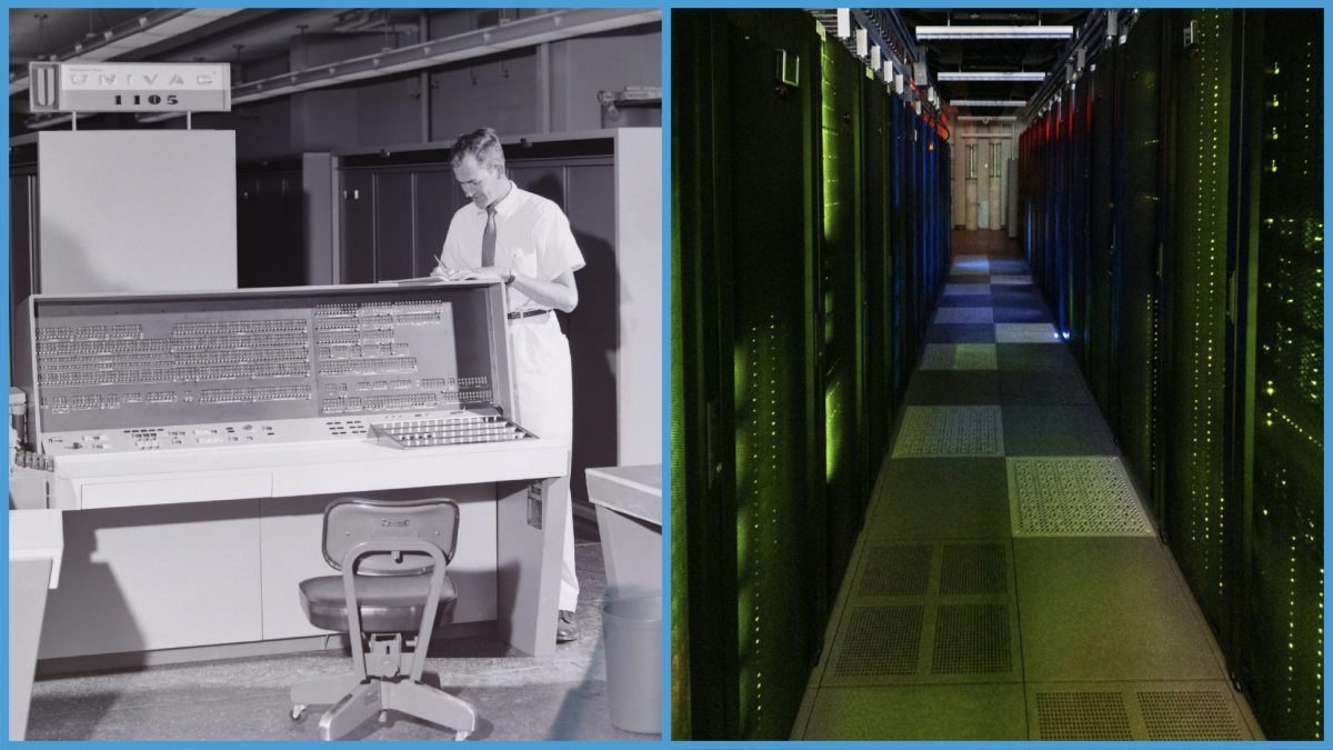 Two-photo collage of a computer in the 1950s and a present-day computer.