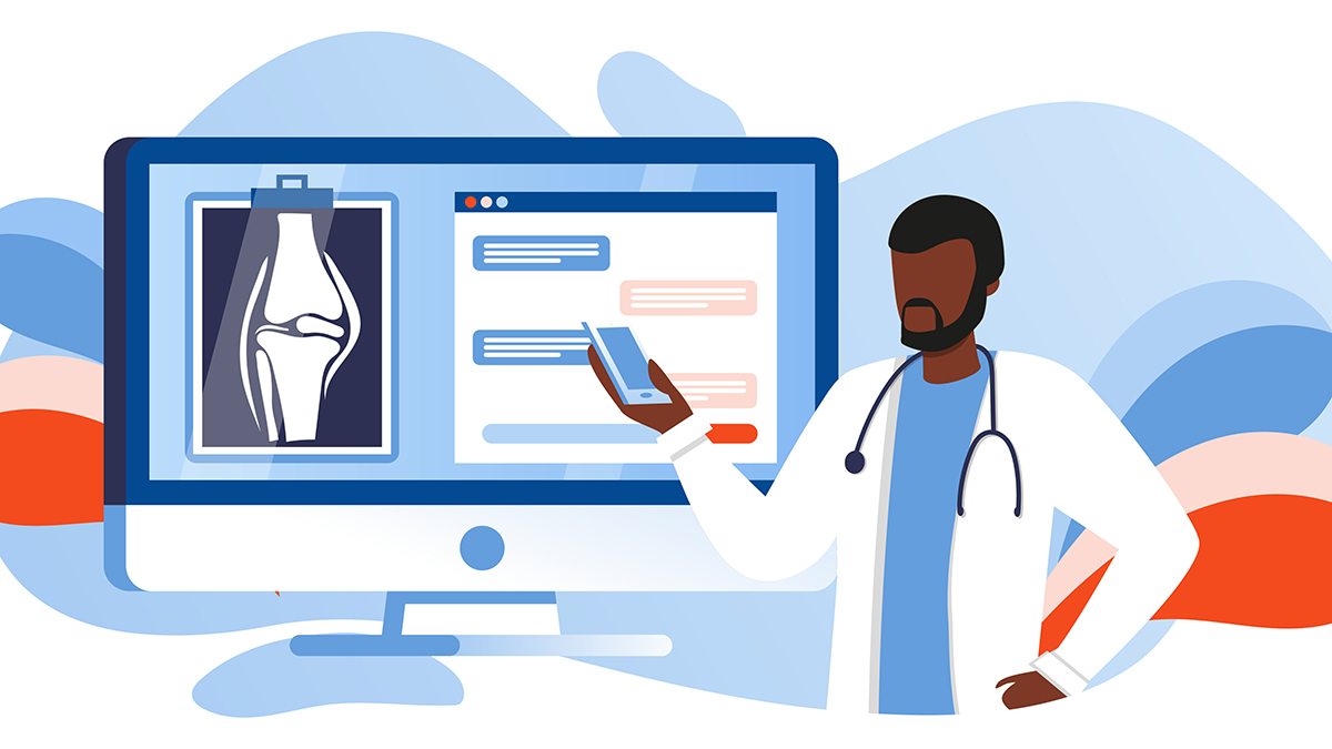 A graphic of a doctor next to a computer