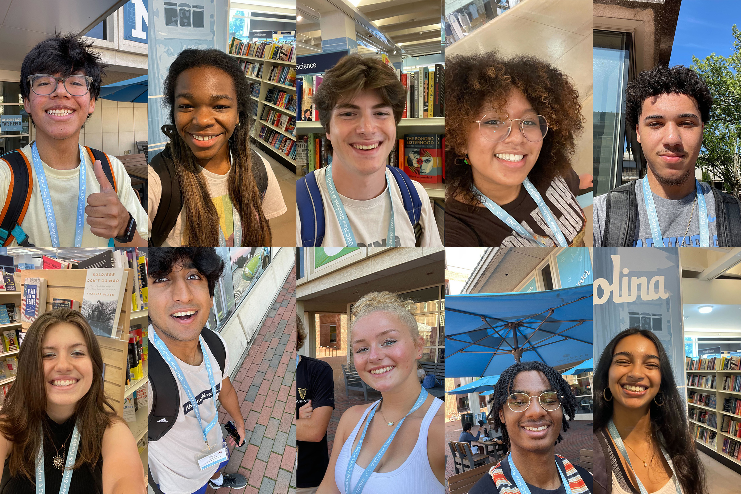 A collage of selfie photos taken by 10 incoming first-year students at UNC-Chapel Hill