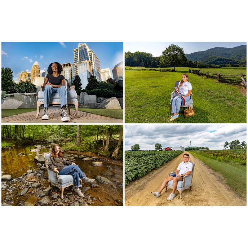 Four-photo collage of portraits of students sitting in a blue chair: one is of a woman in downtown Charlotte; one is of a woman on rural tribal land; one is of a woman in a creek; one is of a man on a dirt road on a farm.