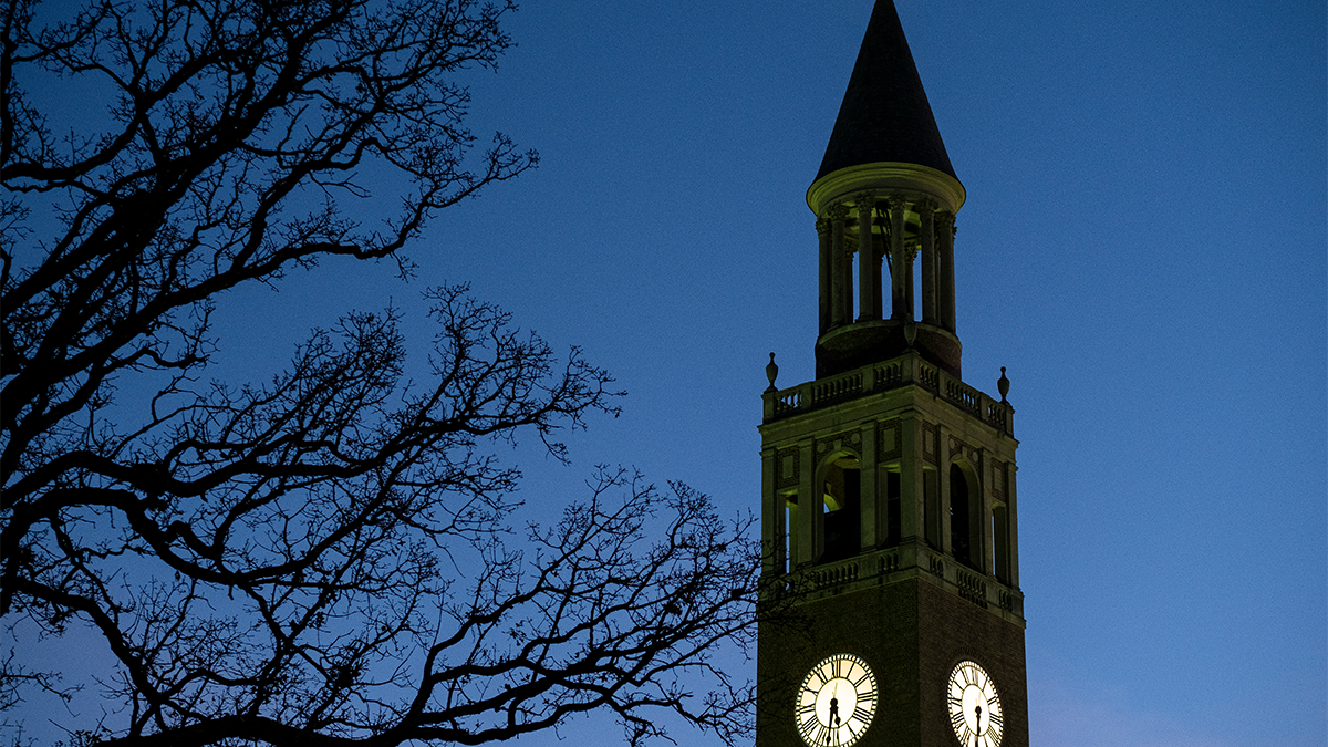 Nighttime view of a bell tower on the campus of UNC-Chapel Hill.