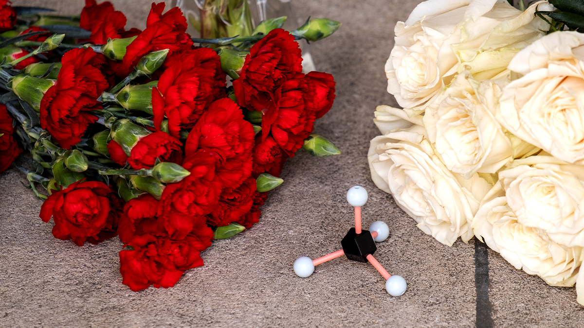Flowers and a molecular model sit on the ground at a makeshift memorial.