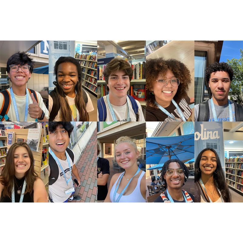A collage featuring 10 selfies taken by incoming first-year students while on the campus of UNC-Chapel Hill for summer orientation.
