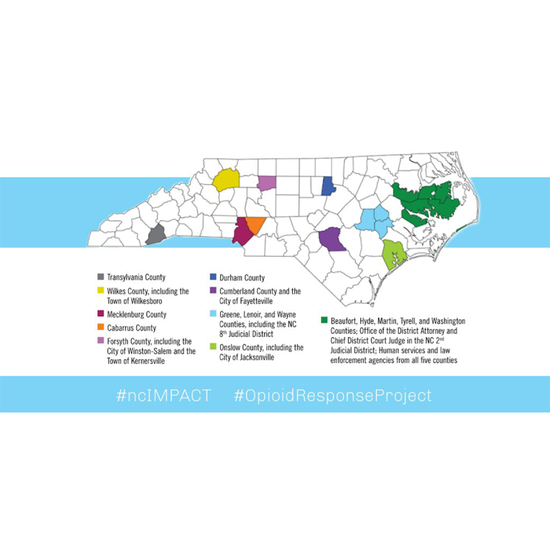 A graphic with a map of North Carolina with 16 counties shaded in different colors to indicate counties participating in the UNC School of Government's Opioid Response Project. The counties highlighted are: Transylvania, Wilkes, Mecklenburg, Cabarrus, Forsyth, Durham, Cumberland, Greene, Lenoir, Wayne, Onslow, Beaufort, Hyde, Martin, Tyrell and Washington. At the bottom of the graphic, the hashtags #ncIMPACT and #OpioidResponseProject appear.