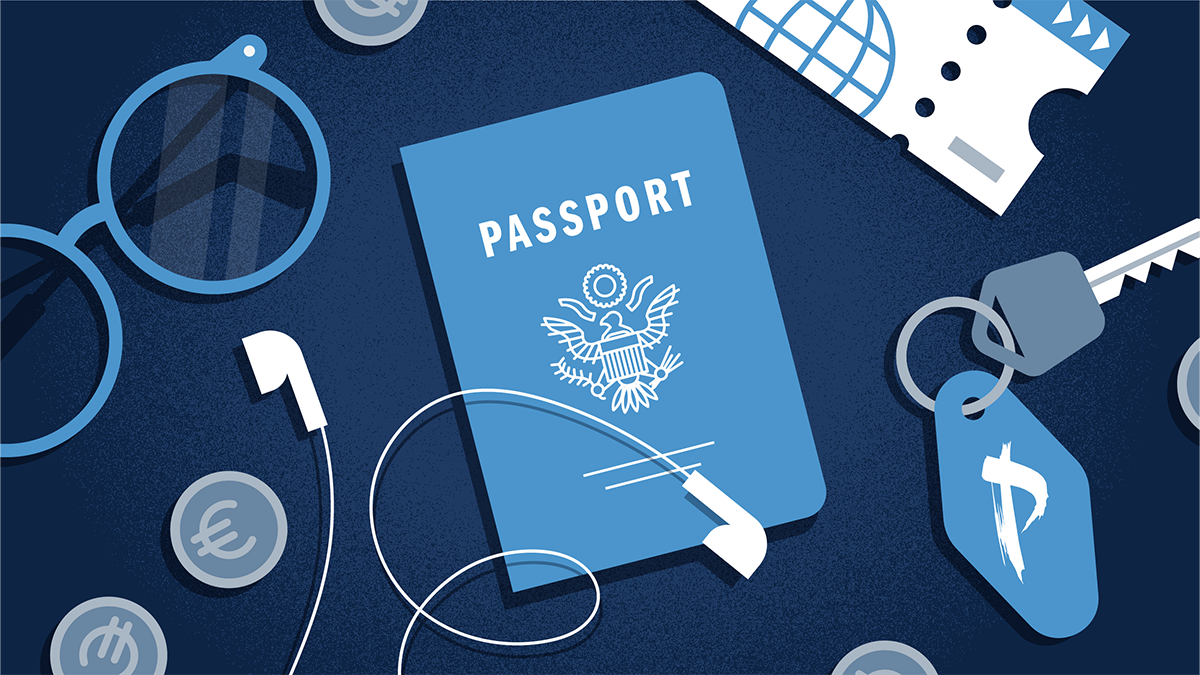 A graphic showing an overhead view of (all animated): a passport, a pair of headphones, sunglasses, a set of keys and, European coinage and a plane ticket.