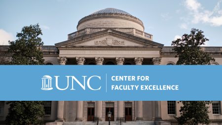 Photo of Wilson Library with a Carolina Blue graphic overlayed with text reading 