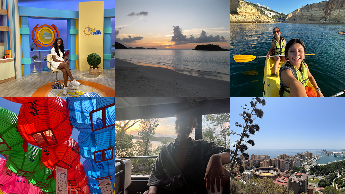 Six-photo collage: A woman sitting in the anchor chair in an TV news studio; green, red, blue and pink balloons with Korean text on them; sunset view of a beach; a male student posing for a photo in a vehicle with a lake seen in the background; two women taking a selife photo in a kayak on water; aerial image of a cityscape with water in the background.