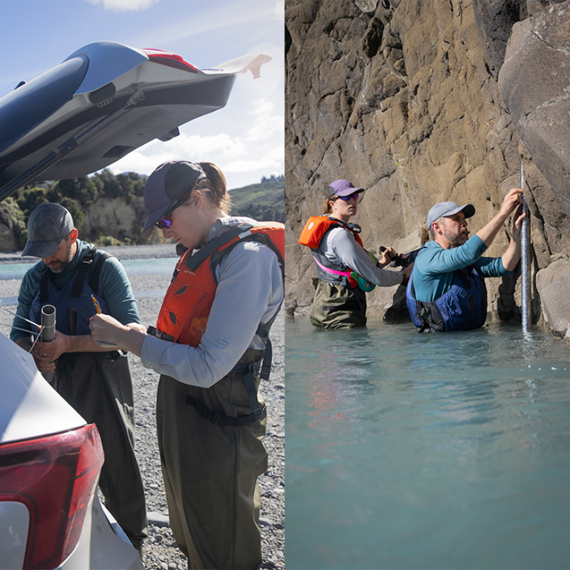 A two-photo collage: Two researchers standing behind a car with the trunk open while looking down at a large rod and a measuring device, respectively. And the same two researchers standing in the water of a river near boulders while attempting to configure a measuring rod.