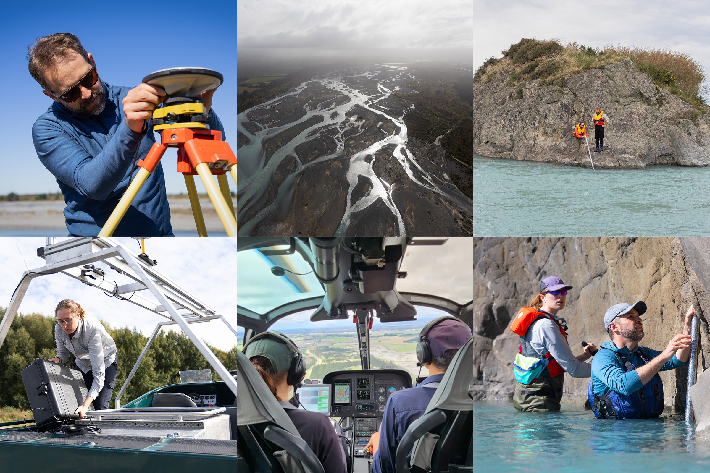 Six-photo collage with pictures of: a man setting up a measurement tool on land near a river; an aerial view of a winding river in New Zealand; two researchers wearing life vests and standing on the edge of a large rock while placing a measurement tool in a river; a researcher configuring a large GPS system to a boat; a man and a woman riding in a helicopter; two researchers configuring a measurement rod in a river.