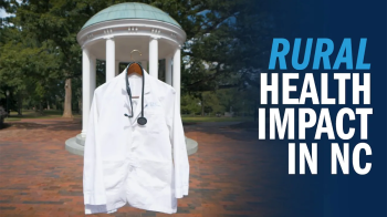 A white coat with a stethoscope positioned in front of the Old Well on the campus of UNC-Chapel Hill. To the right of the image is a dark navy blue background with text reading 