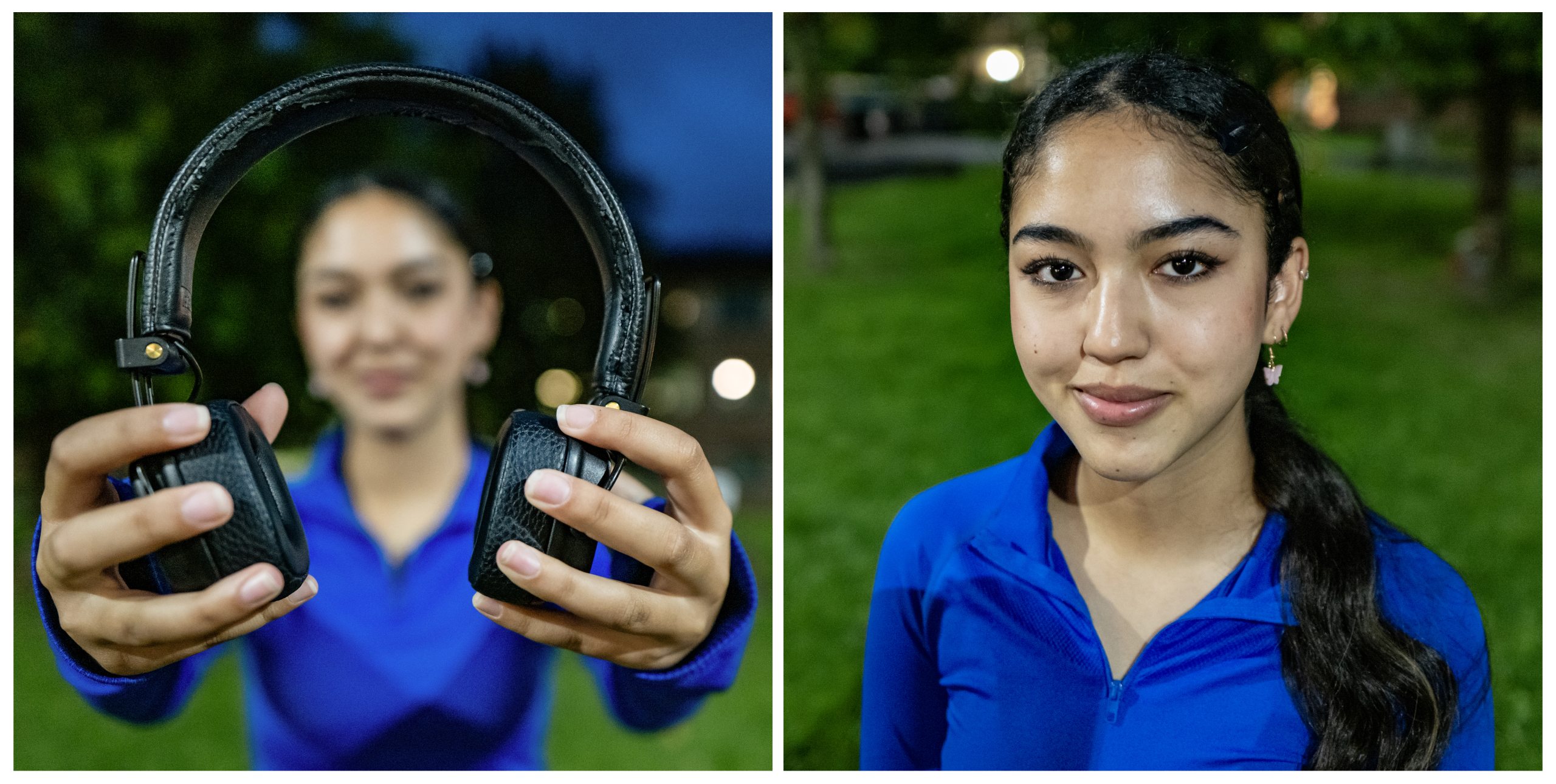 A two-photo collage of a student named Gabrielle Poole. On the left is picture of hear holding a pair of headphones, and on the right is a portrait of Gabrielle.