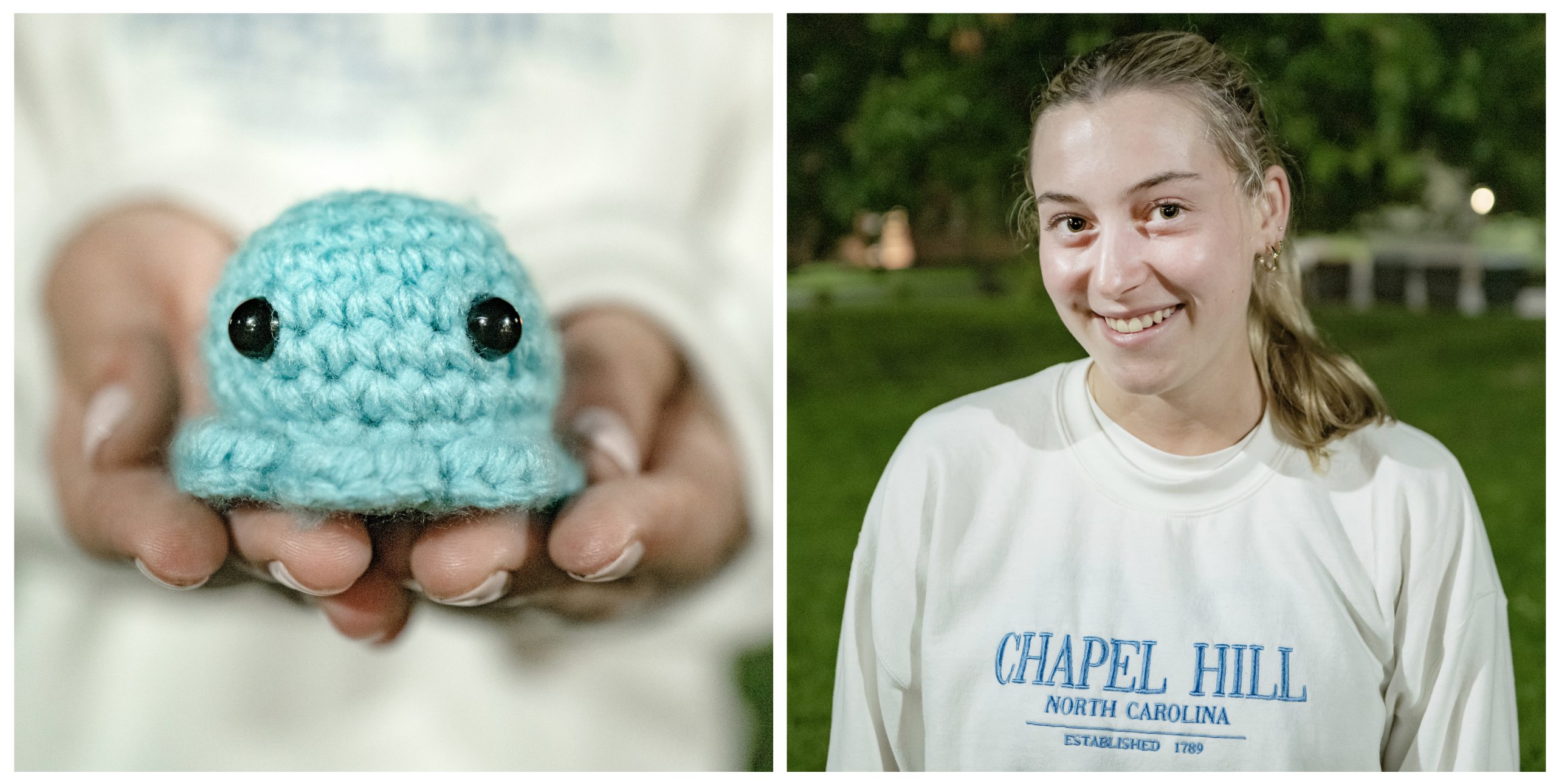 A two-photo collage: On the left is a closeup image of a student named Cori Miller holding a crocheted octopus, and on the right is a portrait of Cori.