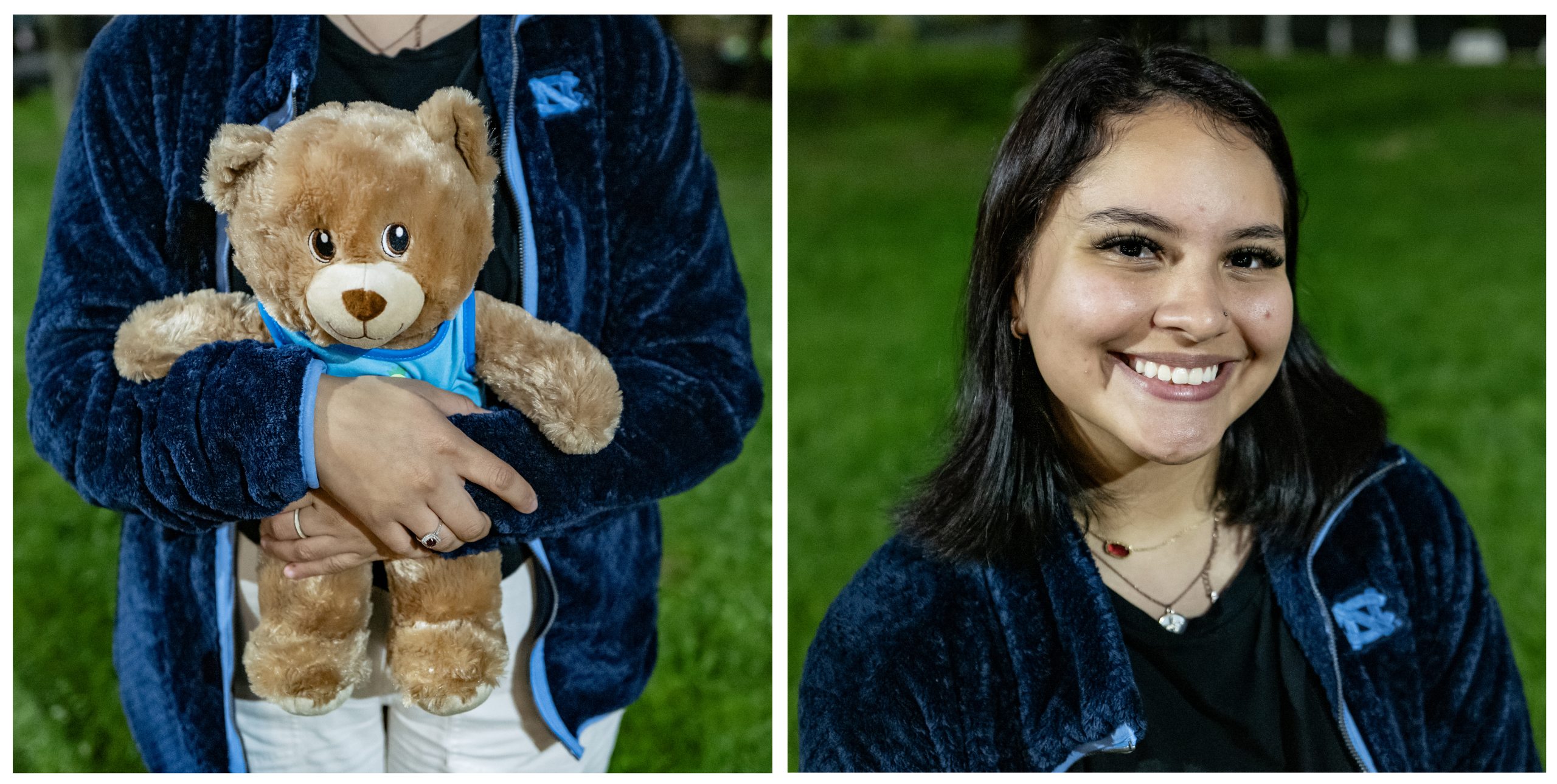 A two-photo collage: on the left is a picture of a teddy bear being held by a student named Vanessa Ibara, and on the right is a portrait of Vanessa.