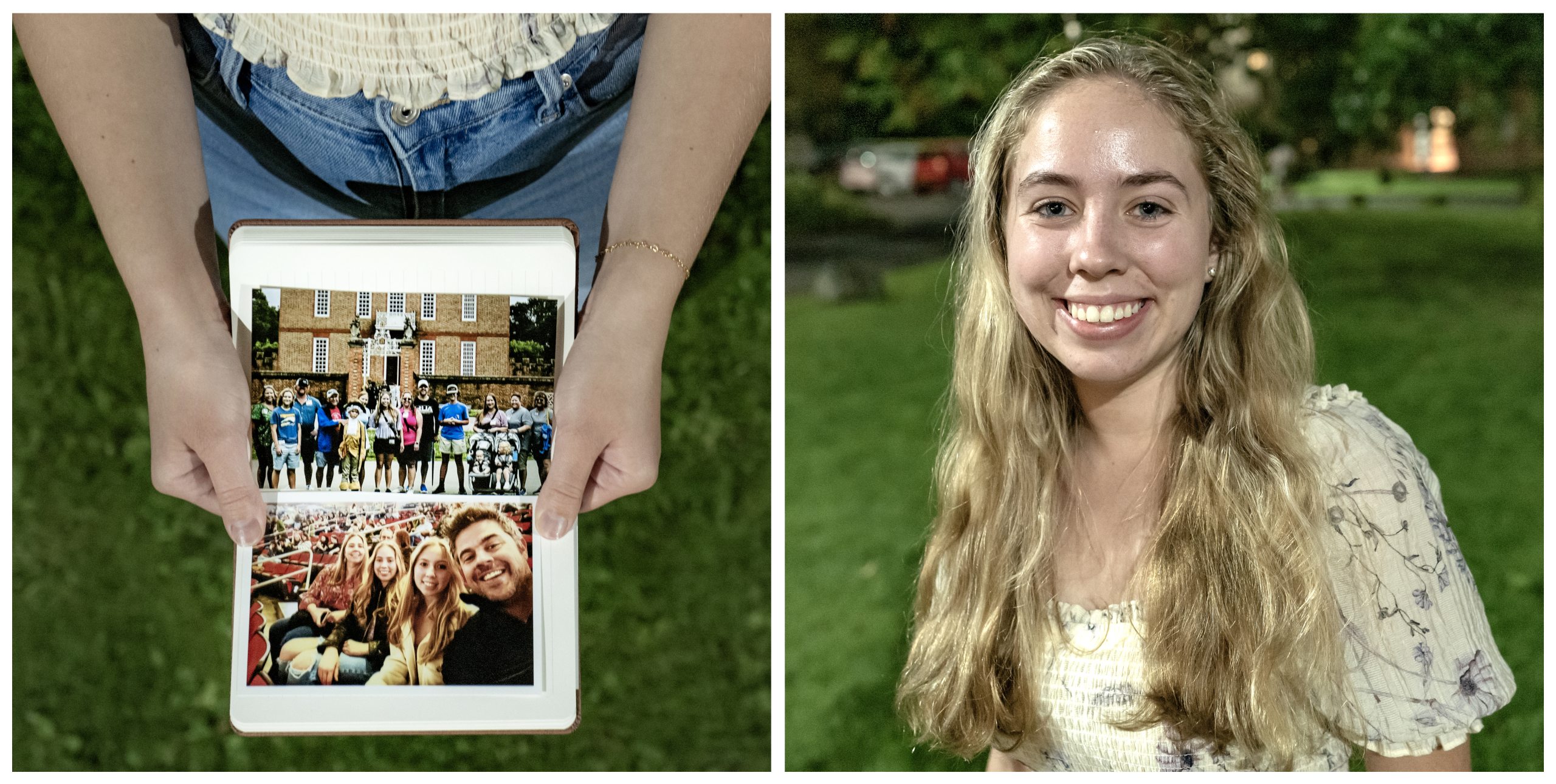 A two-photo collage: on the left shows the hands of a student named Haedyn Millers holding a journal that contains family photos, and on the right is a portrait of Haedyn.