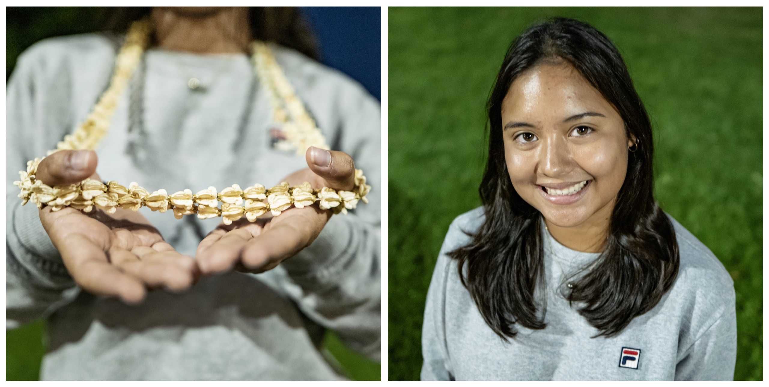 A two-photo collage of a student named Sophia Burgess. On the left is a picture of Sophia holding a crown flower lei, and on the right is a portrait of Sophia.