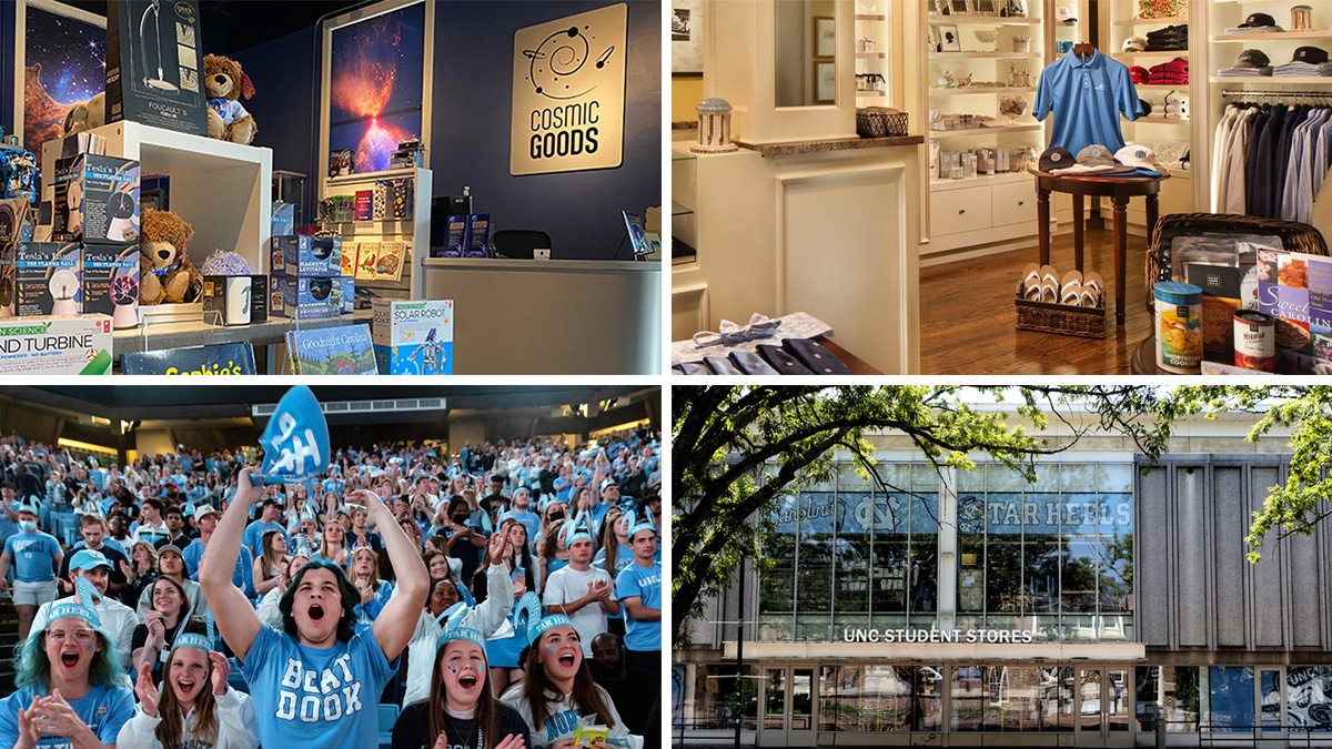 Collage image of Cosmic Goods gift shop, Carolina Inn gift shop, fans cheering at Carolina basketball game and an image of the exterior of the Student Stores.