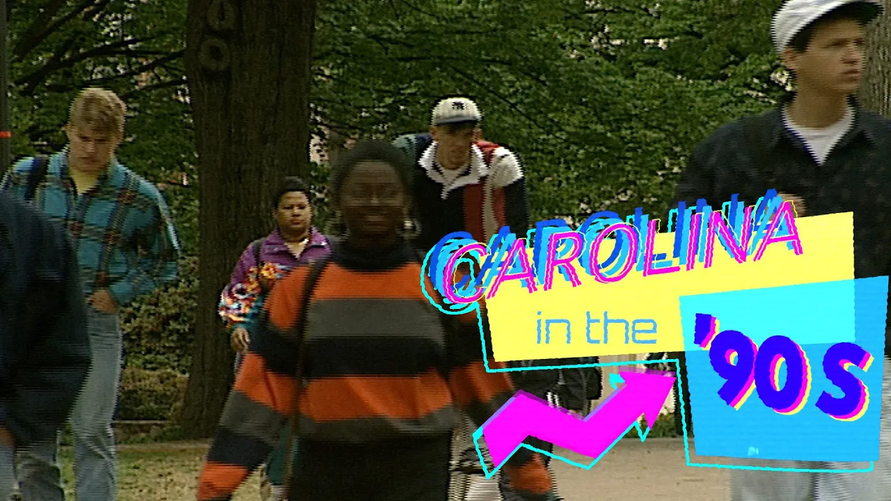 Archival image from the 1990s of students walking around the campus of UNC-Chapel Hill. Neon-color graphic text reads 