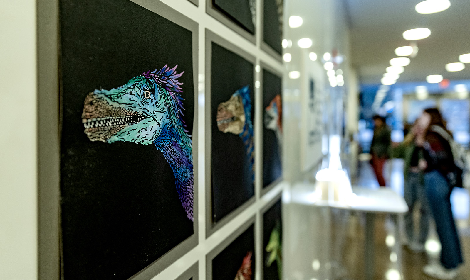 Rows of paintings of dinosaurs in different colors atop black backdrops.
