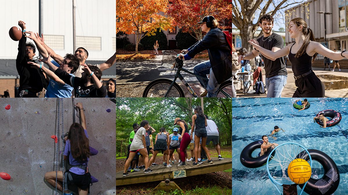 Six-photo collage: Students playing recreational football; a student riding his bike on campus; two students dancing together in the Pit; a student climbing up a rock-climbing wall; students doing a group activity at the UNC Outdoor Education Center Trails; students playing pool basketball.