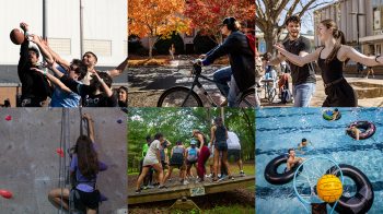 Six-photo collage: Students playing recreational football; a student riding his bike on campus; two students dancing together in the Pit; a student climbing up a rock-climbing wall; students doing a group activity at the UNC Outdoor Education Center Trails; students playing pool basketball.