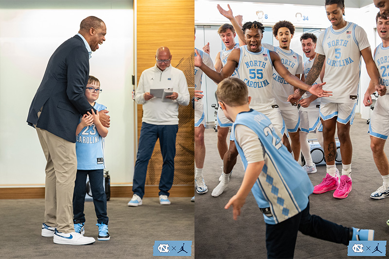 Two-photo collage: UNC men's basketball coach Hubert Davis giving a 9-year-old boy, Colburn Dean, a hug; and Colburn Dean dancing in front of joyous members of the UNC basketball team.