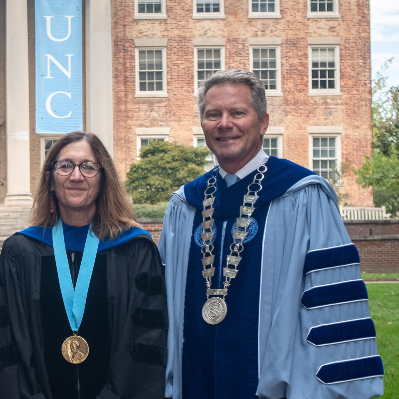 Beth Moracco and Chancellor Kevin M. Guskiewicz.