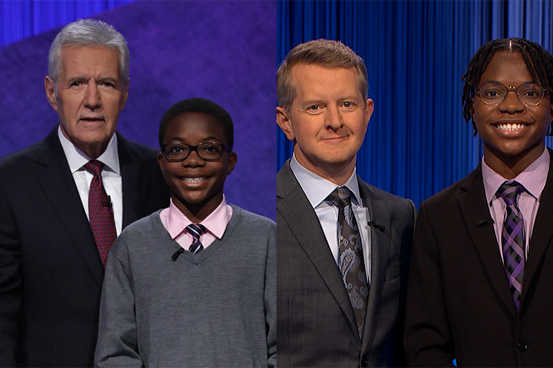 Two-photo collage of Rotimi Kukoyi on Jeopardy! in 2018 and 2023. In the 2018 photo, he is next to Alex Trebek. In the 2023 photo, he is next to Ken Jennings.