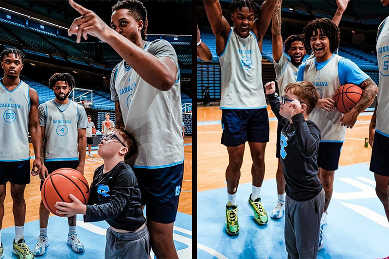 Two-photo collage: A 9-year-old boy, Colburn Dean, preparing to take a shot on the floor of the Dean E. Smith Center with the Carolina men's basketball team looking on; and Dean and the team celebrating his made shot.