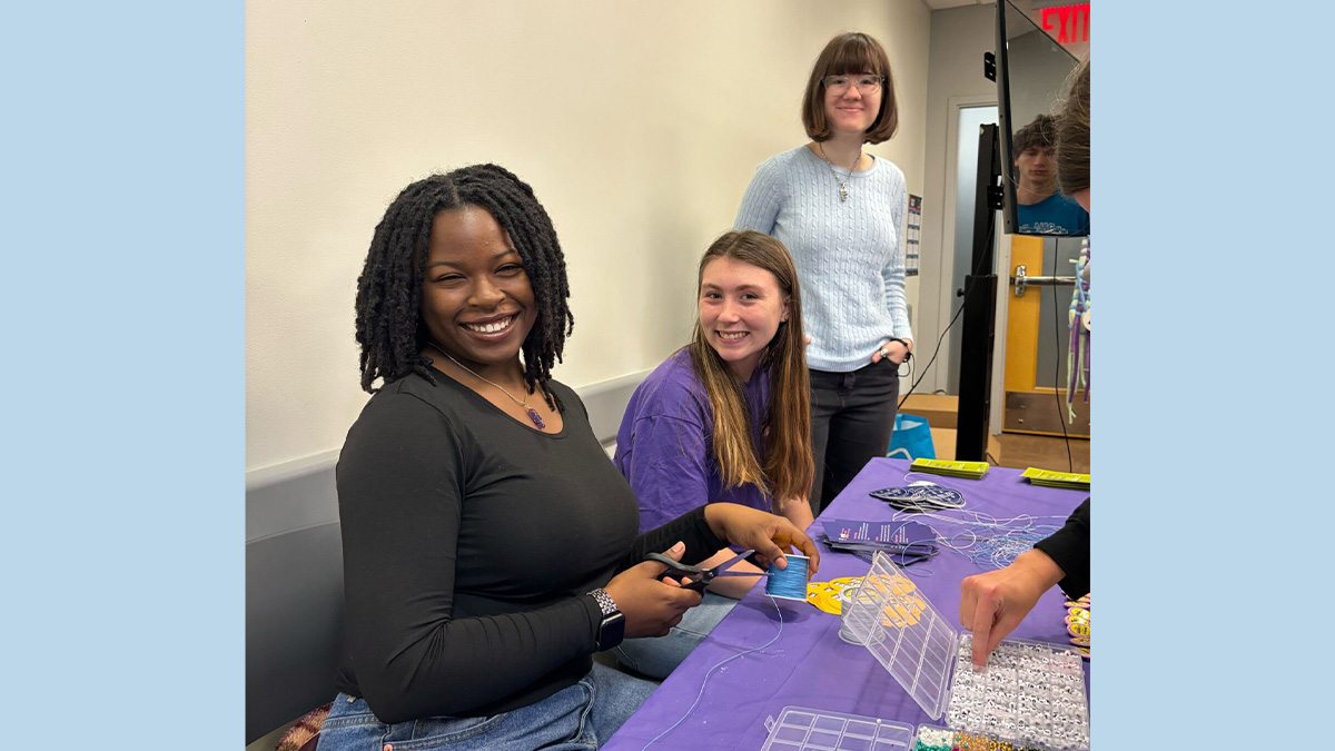 Photos of three students working on a craft together at a table.