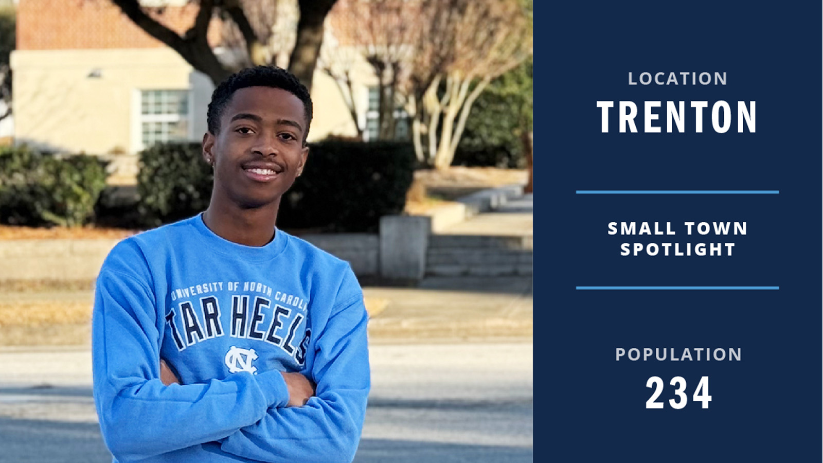 Ja'Khari Bryant posing for a photo with his arms crossed. He's on a sidewalk next to a street and is wearing a Carolina blue UNC-Chapel Hill sweatshirt. Off to the right is graphic text reading: 