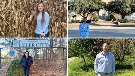 Four-photo collage with portraits of four UNC-Chapel Hill students: Laegan Pittman standing in a cornfield; Ja'Khari Bryant standing across the street from a courthouse; Daisey Samayoa standing in front of a fence and a sign reading 