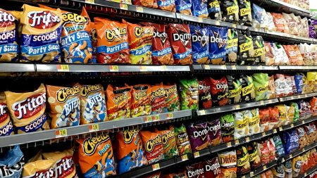 Chip aisle at the grocery store.