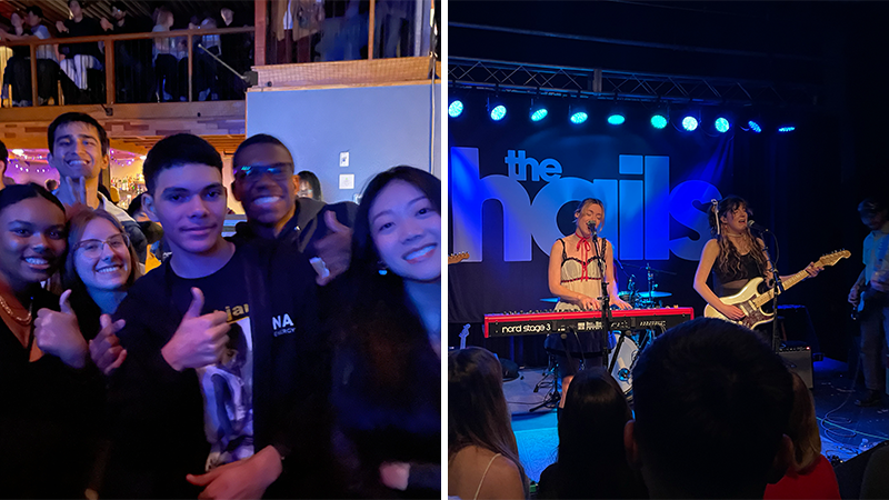 Two-photo collage: The band Hotel Fiction performing on stage at a concert venue, the Cat's cradle; group photo of six college students in attendance at the concert.