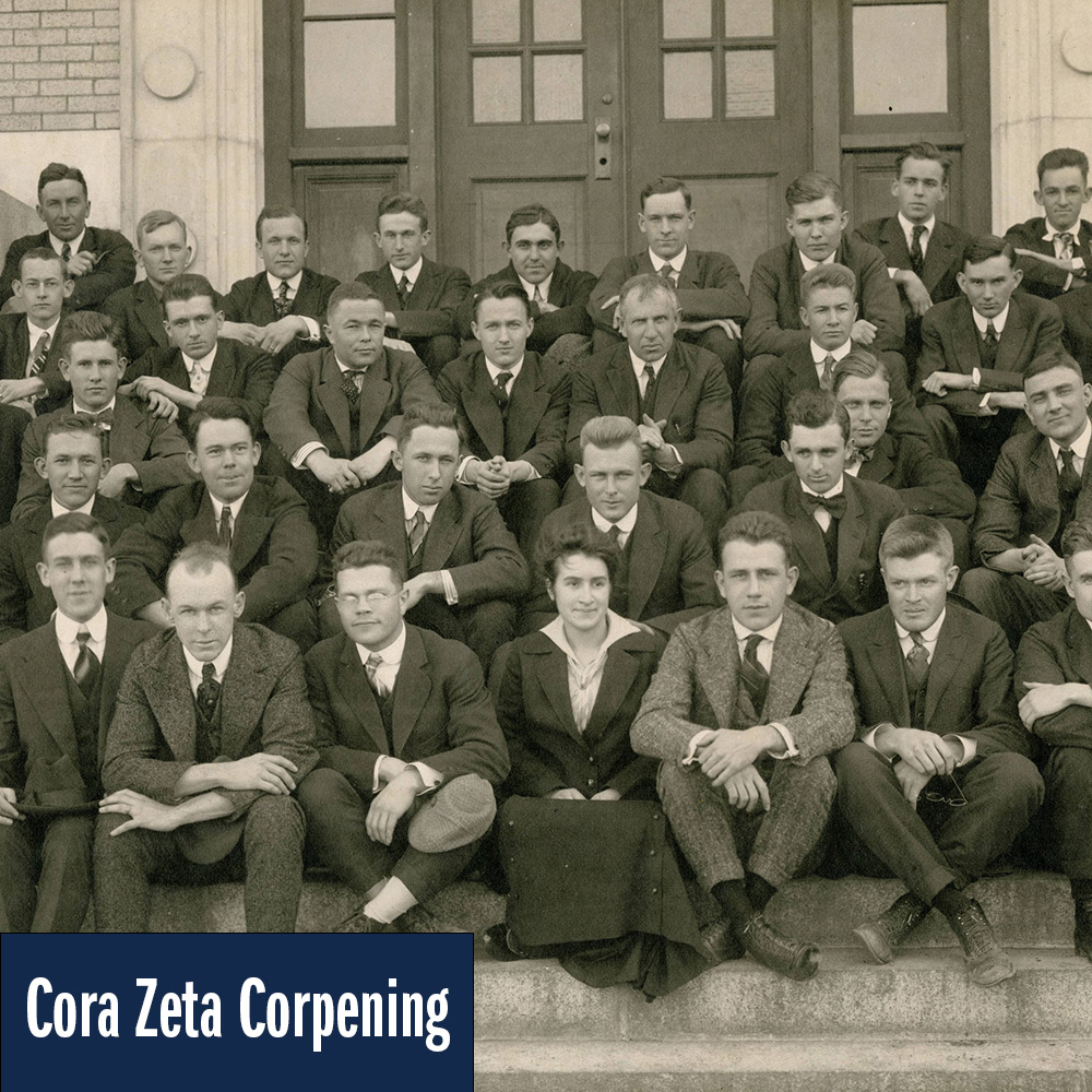 Cora Zeta Corpening sitting among her all male law school classmates.