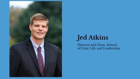 Graphic with a photo of Jed Atkins and text reading, 
