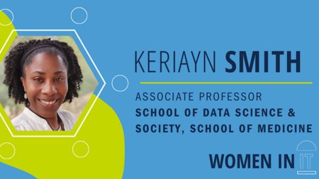 Graphic with photo of Keriayn Smith and text of her name, job title (Associate Professor, School of Data Science and Society, School of Medicine) and 