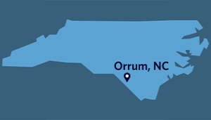 Map of North Carolina with a pin over Orrum and text reading "Orrum, NC".