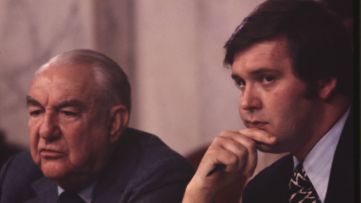 Senator Sam Ervin next to Rufus Edmisten during the Watergate trial.