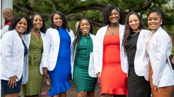Left to right: Jasmine Nevil, Sarah Dobson, Christina Williams, Noél McIntosh, Candice Hodge, Briawna Dildy and Caylen Bost at their White Coat Ceremony in 2022.