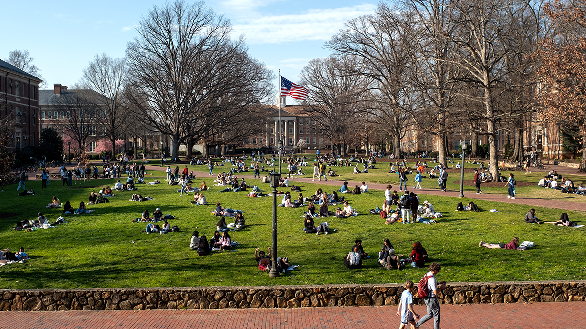 Wide shot of main quad with students picnicking and walking around.