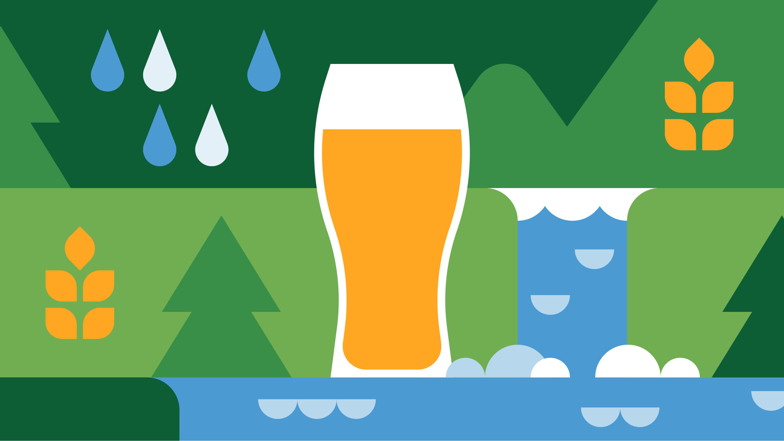 Graphic with glass of beer, waterfall and greenery