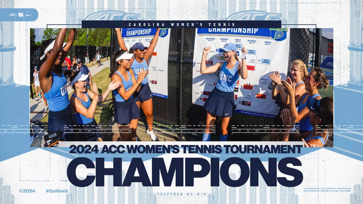 Graphic with a photo of the Carolina women's tennis team celebrating and text reading: 