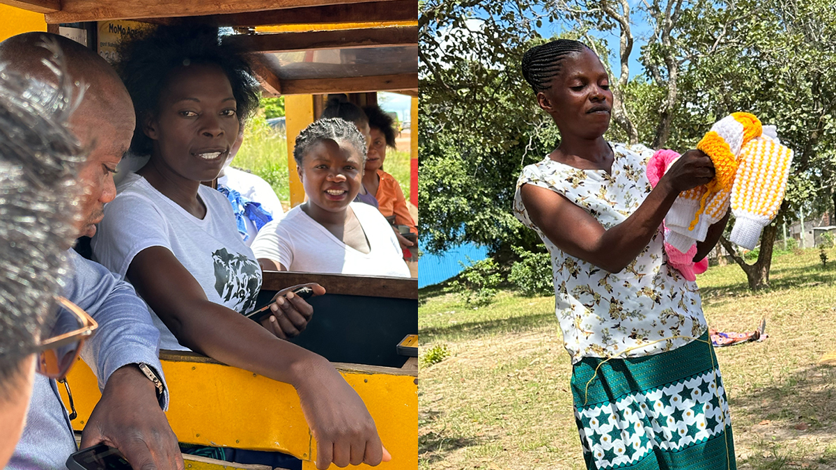 Collage image of two women in Zambia. One is on her phone in a yellow cab speaking to people just outside the cab. One is crocheting a yellow and pink colored piece of clothing.