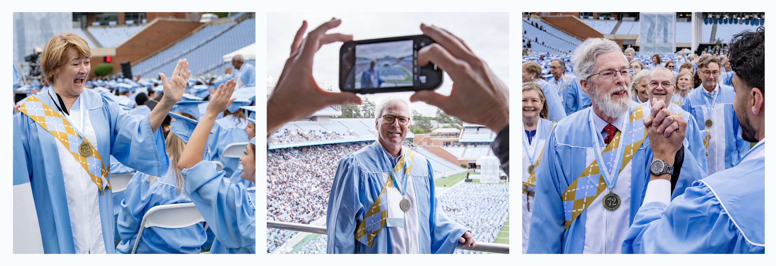 Three-photo collage of alumni attending a Spring Commencement at Kenan Stadium for their 50th reunion.