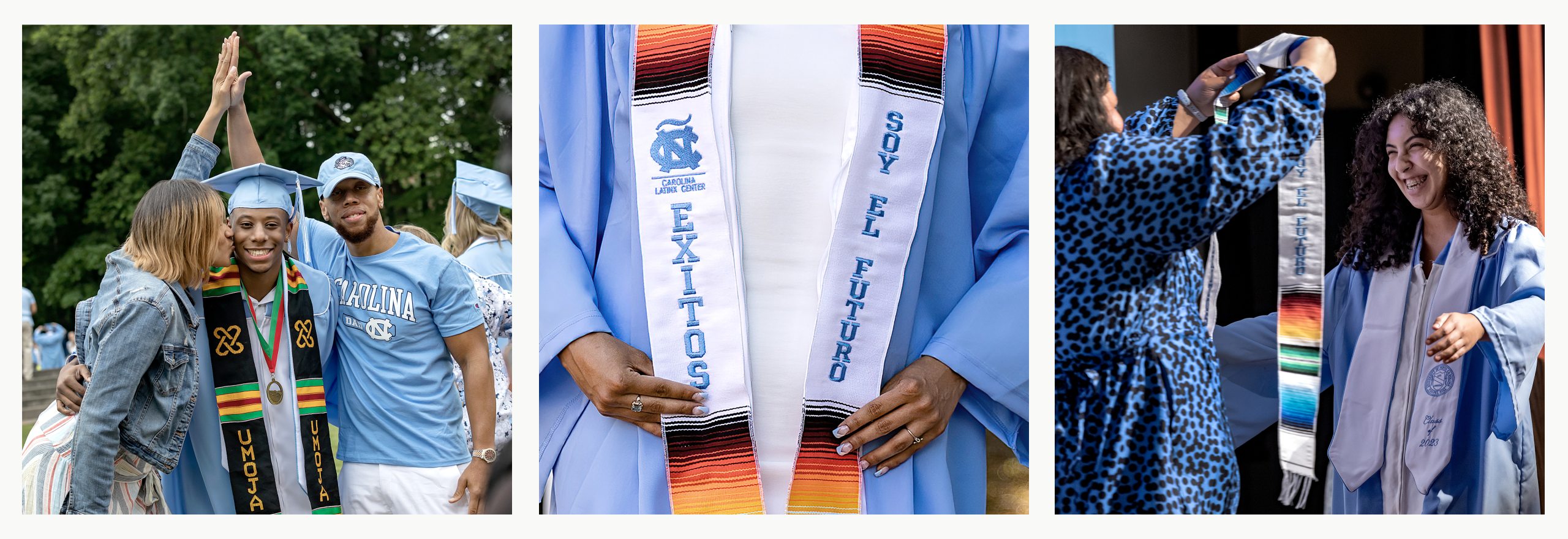 Three-photo collage with graduates at past Commencement ceremonies and University events in Carolina Blue regalia with custom stoles.