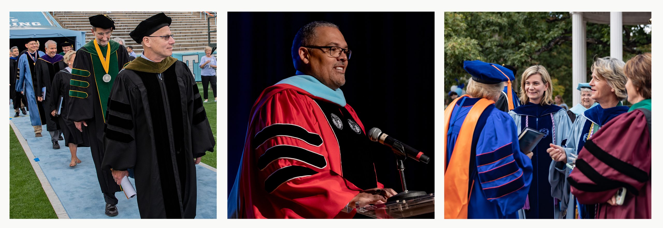 Three-photo collage of faculty members at past Commencement ceremonies and University events.